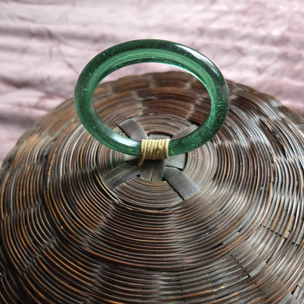 Vintage Chinese Wicker Sewing Basket with a Green Peking Glass Ring
